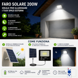 Faro LED 200W Pannello Solare Crepuscolare 6500K Giardino Esterno Faro LED 200W Pannello Solare Crepuscolare 6500K Giardino Esterno