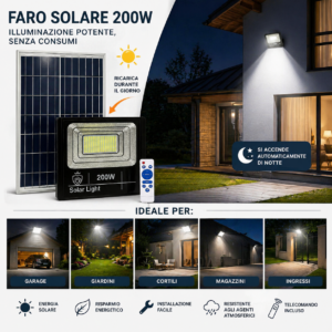 Faro LED 200W Pannello Solare Crepuscolare 6500K Giardino Esterno Faro LED 200W Pannello Solare Crepuscolare 6500K Giardino Esterno