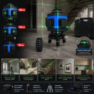 Livella Laser Tracciatore Autolivellante 16 Linee 4D Con Asta e Accessori Livella Laser Tracciatore Autolivellante 16 Linee 4D Con Asta e Accessori