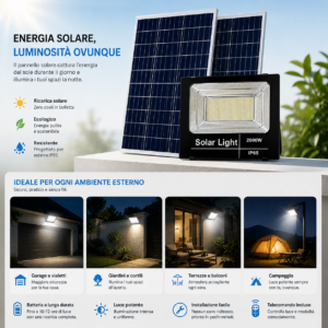 Faro LED 2000W con Doppio Pannello Solare | IP67 Crepuscolare, Alta Efficienza Faro LED 2000W con Doppio Pannello Solare | IP67 Crepuscolare, Alta Efficienza