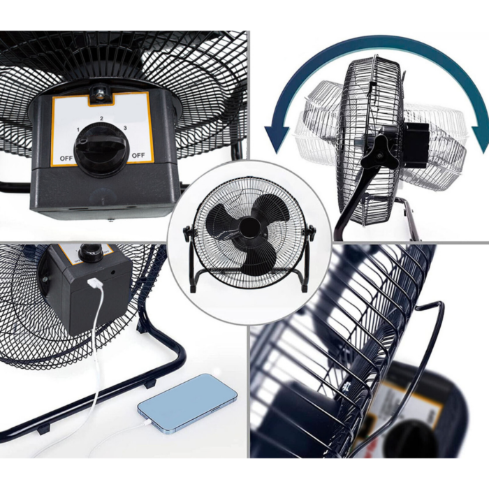 Ventilatore Portatile Solare Da Tavolo o Pavimento 12" Silenzioso Nero