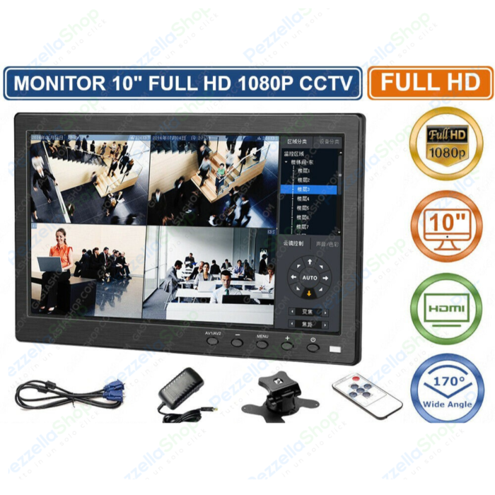 Monitor HMDI Led 10.1" Pollici Con Telecomando 2 Ingressi Video Per Videosorveglianza