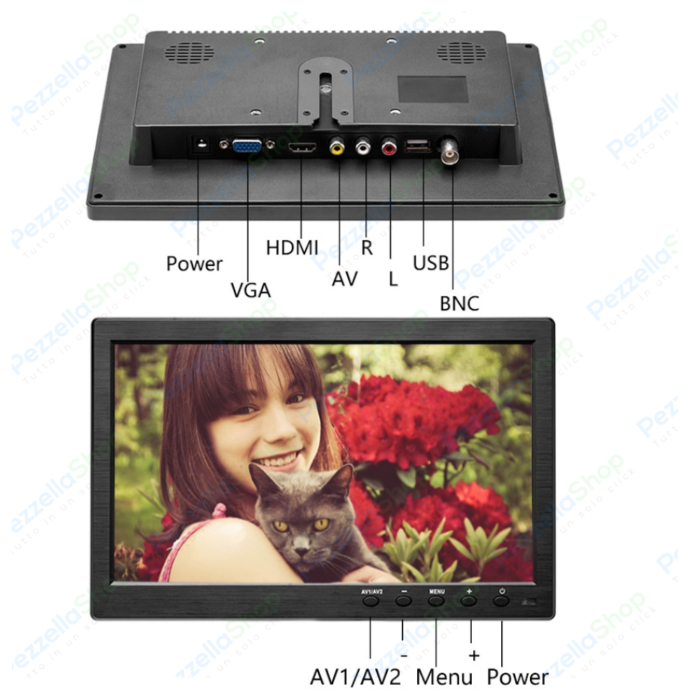 Monitor HMDI Led 10.1" Pollici Con Telecomando 2 Ingressi Video Per Videosorveglianza