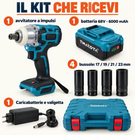 Dotazione del kit: un avvitatore, una batteria 68V 6000mAh, bussole 17 19 21 23 mm, caricabatterie e valigetta