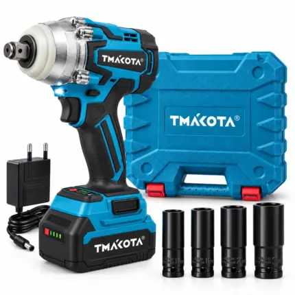 Avvitatore a impulsi Tmakota 68V 350Nm con una batteria, quattro bussole, caricabatterie e valigetta su sfondo bianco