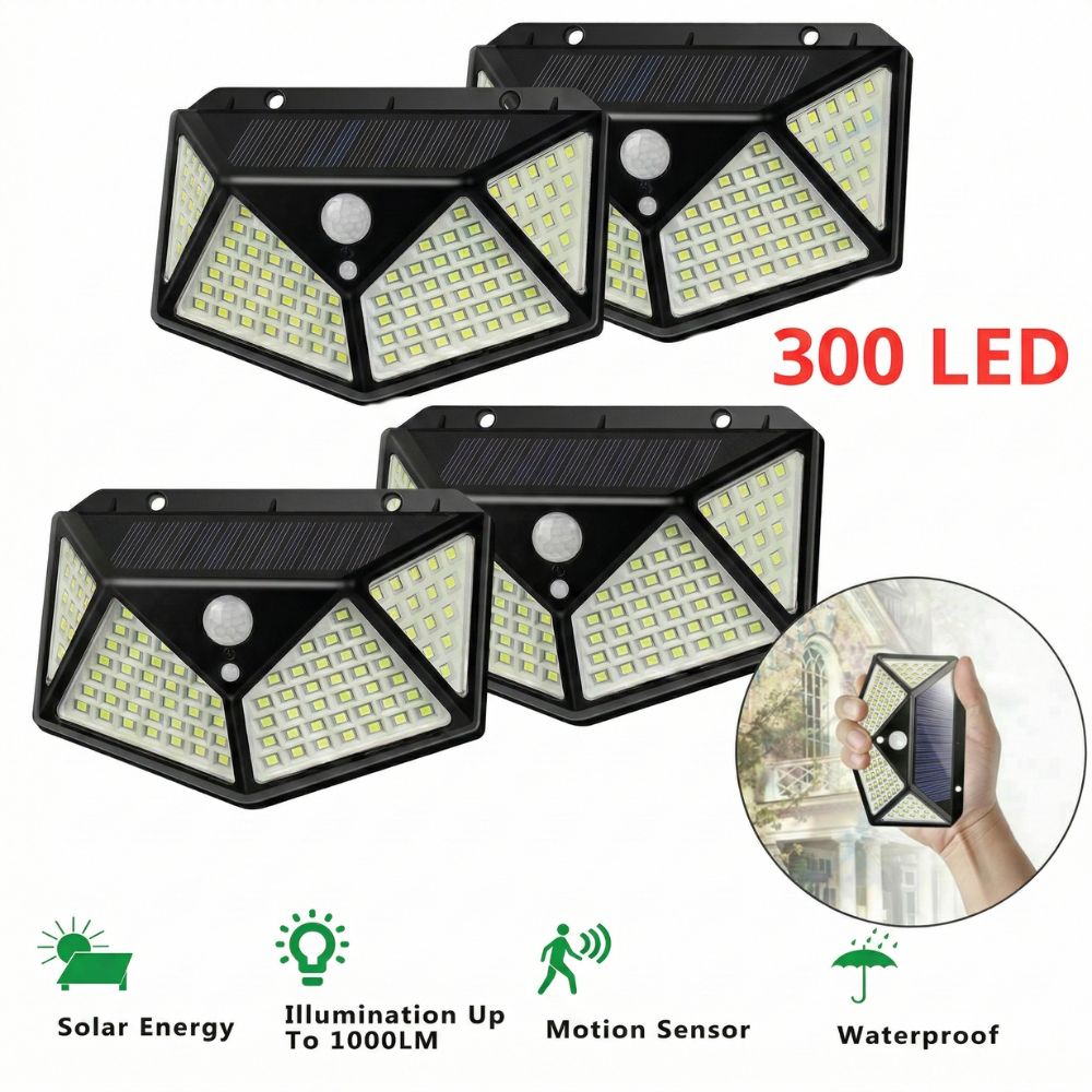 4 pz Lampade Solari 300 Led Con Sensore Movimento Illumina 270° 4 pz Lampade Solari 300 Led Con Sensore Movimento Illumina 270°