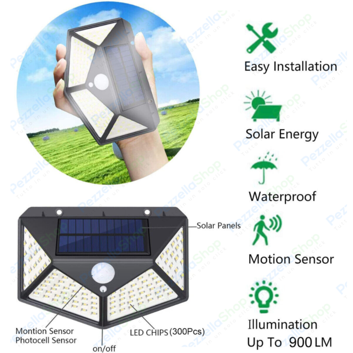 4 pz Lampade Solari 300 Led Con Sensore Movimento Illumina 270°