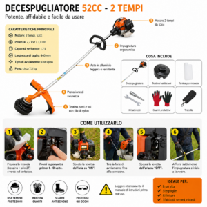 Decespugliatore a Scoppio 52 cc | Motore 2 Tempi a Benzina per Taglio Perfetto Decespugliatore a Scoppio 52 cc | Motore 2 Tempi a Benzina per Taglio Perfetto
