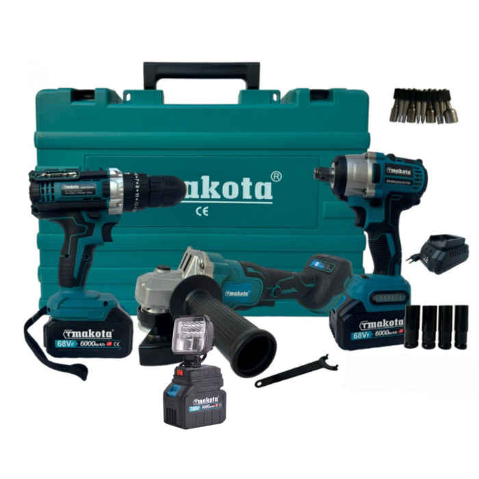 Kit 4 in 1 Trapano, Avvitatore ad Impulsi, Smerigliatrice Angolare, Torcia da Lavoro | Doppia Batteria 68V