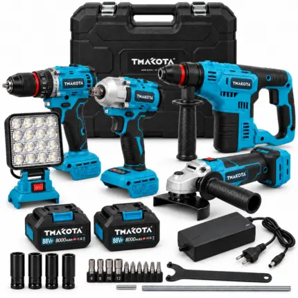Kit Tmakota cinque utensili con due batterie, caricabatterie, valigetta e accessori su sfondo bianco