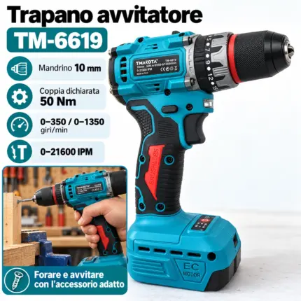 Trapano Tmakota TM-6619 da 50 Nm, mandrino 10 mm e utilizzo per avvitatura