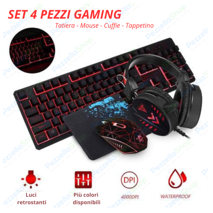 Set 4 Pezzi Gaming Tastiera Retroilluminata, Mouse, Tappetino Antiscivolo, Cuffie Speaker