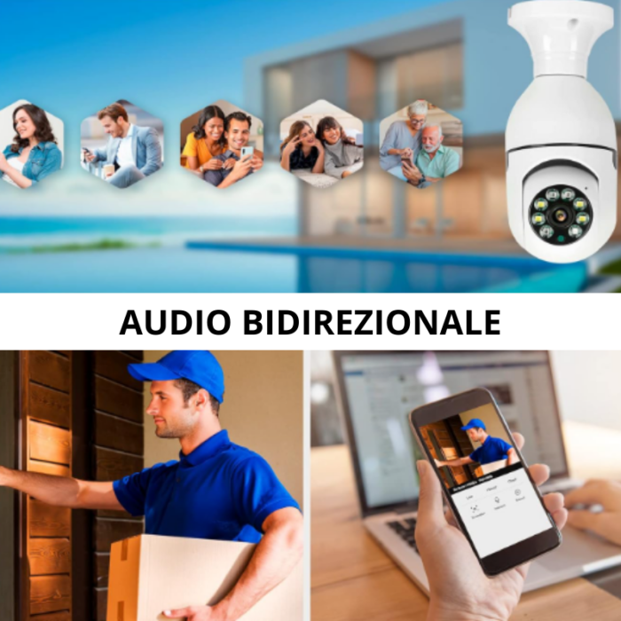 Telecamera Wif-Fi 360° Bulbo Lampadina 1080p Videocamera Visione Notturna a Colori con Applicazione per Cellulare