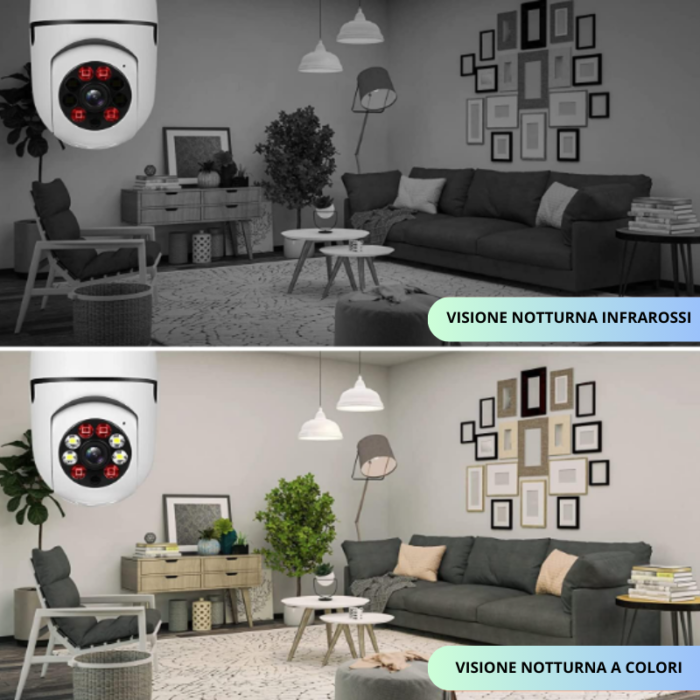 Telecamera Wif-Fi 360° Bulbo Lampadina 1080p Videocamera Visione Notturna a Colori con Applicazione per Cellulare