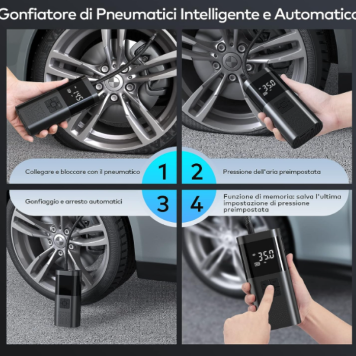 Mini Compressore Aria Portatile Batteria 6000mAH | Gonfiatore Ruote Torcia per Auto Bicicletta Bici Moto Monopattino Palloni