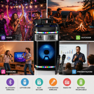 Cassa Karaoke 10000W Bluetooth 2 Microfoni Wireless USB Amplificata Cassa Karaoke 10000W Bluetooth 2 Microfoni Wireless USB Amplificata