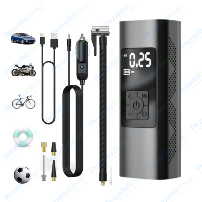 Mini Compressore Aria Portatile Batteria 6000mAH | Gonfiatore Ruote Torcia per Auto Bicicletta Bici Moto Monopattino Palloni