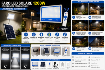 Faro Solare 1200W Slim Crepuscolare IP66 Telecomando Esterno Kit Completo Faro Solare 1200W Slim Crepuscolare IP66 Telecomando Esterno Kit Completo