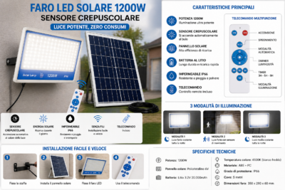 Faro Solare 1200W Slim Crepuscolare IP66 Telecomando Esterno Kit Completo Faro Solare 1200W Slim Crepuscolare IP66 Telecomando Esterno Kit Completo