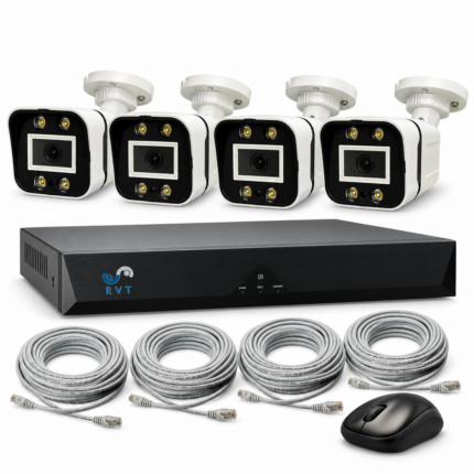 Kit 00105 con quattro telecamere IP PoE, un NVR, quattro cavi RJ45 e mouse