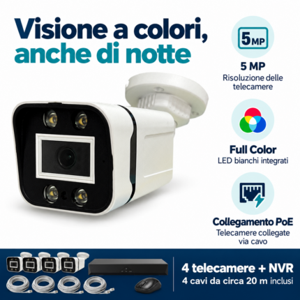 Telecamera del kit 00105: risoluzione 5MP, visione Full Color con LED bianchi e collegamento PoE via cavo