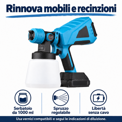 Pistola a spruzzo a batteria con serbatoio da 1000 ml e spruzzo regolabile
