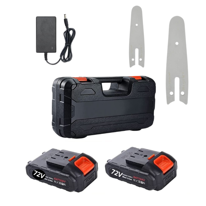 Kit 2 Motoseghe 8" con Oliatore + 4" Doppia Batteria 72V, Caricabatterie e Valigetta