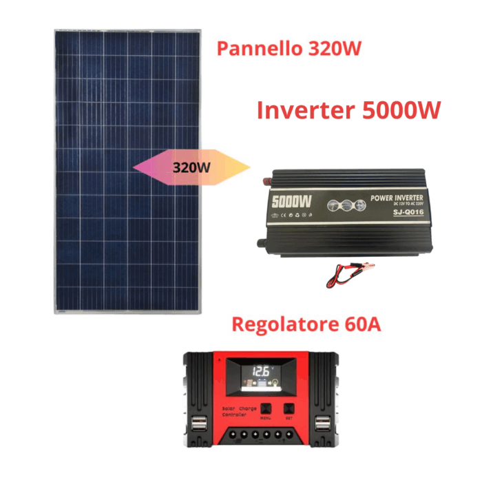 Kit Fotovoltaico Pannello 320W Inverter 5000W Regolatore 60A Impianti Ville