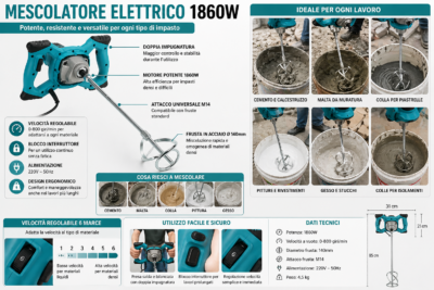 Trapano Miscelatore 1860W Professionale Frusta Cemento Colla Malta Vernice Trapano Miscelatore 1860W Professionale Frusta Cemento Colla Malta Vernice