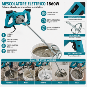 Trapano Miscelatore 1860W Professionale Frusta Cemento Colla Malta Vernice Trapano Miscelatore 1860W Professionale Frusta Cemento Colla Malta Vernice