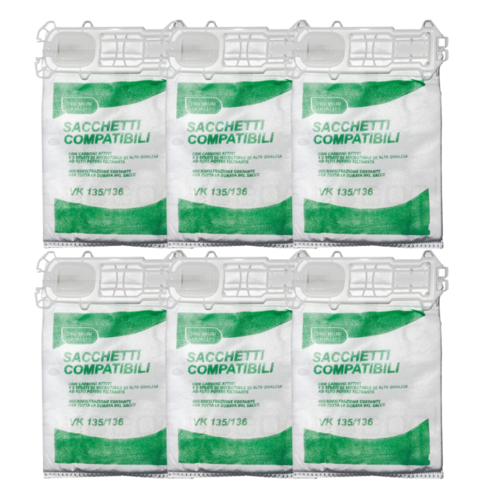 Kit 6 Sacchetti per Aspirapolvere Folletto VK135 - VK136 | Ricambio Compatibile Top Quality