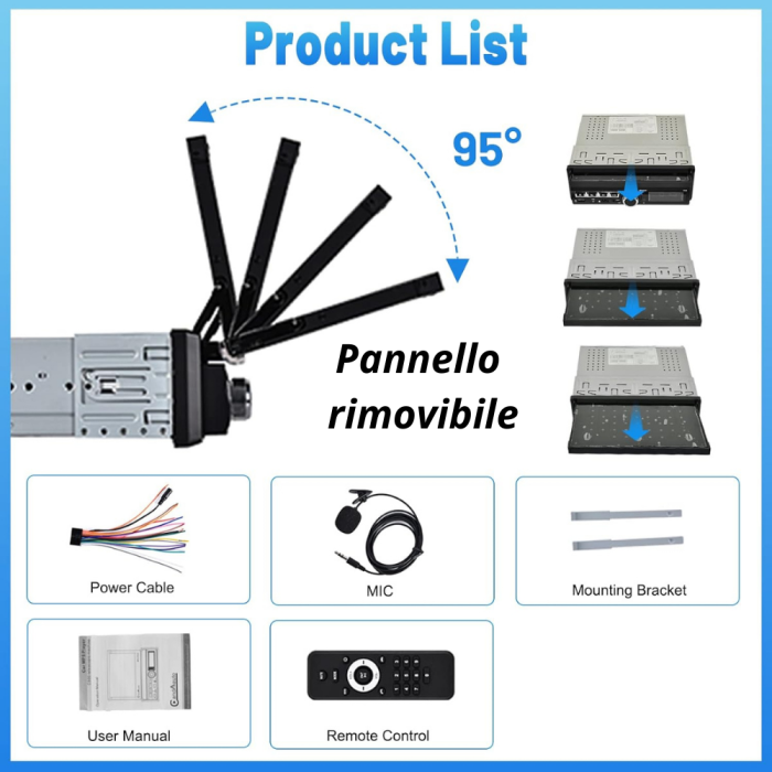 Autoradio 7 Pollici Stereo a Scomparsa 1 Din Pannello Rimovibile Android Apple Carplay Bluetooth Radio Mirror Link USB