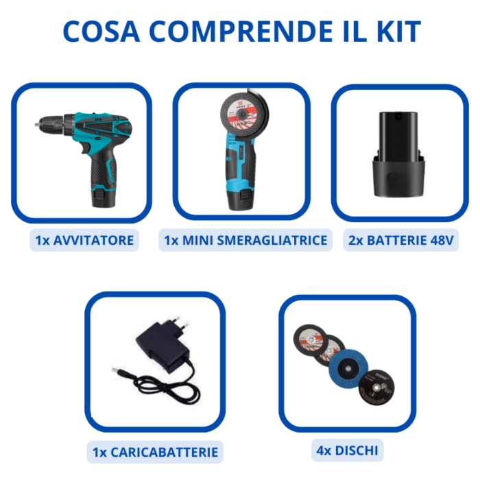 Kit Trapano Avvitatore + Smerigliatrice Flex con 2 Batterie 48V 2AH 4 Dischi 76mm