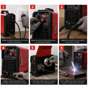 Saldatrice 450A Inverter Filo Continuo MIG MMA TIG Innesto GAS Bobina Accessori Saldatrice 450A Inverter Filo Continuo MIG MMA TIG Innesto GAS Bobina Accessori
