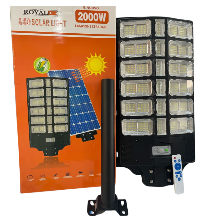 Lampione Solare 2000W Crepuscolare | IP67 Impermeabile, Luce Bianca + Staffa Gratis