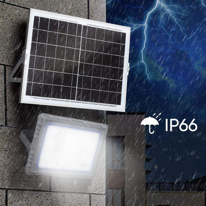 Faro Solare 100W Slim Sensore Crepuscolare IP66 per Esterni con Telecomando