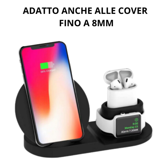 Caricabatterie Veloce 3 in 1 Wireless | Carica Smartphone, Auricolari e Smartwatch Senza Fili e in Mobilità