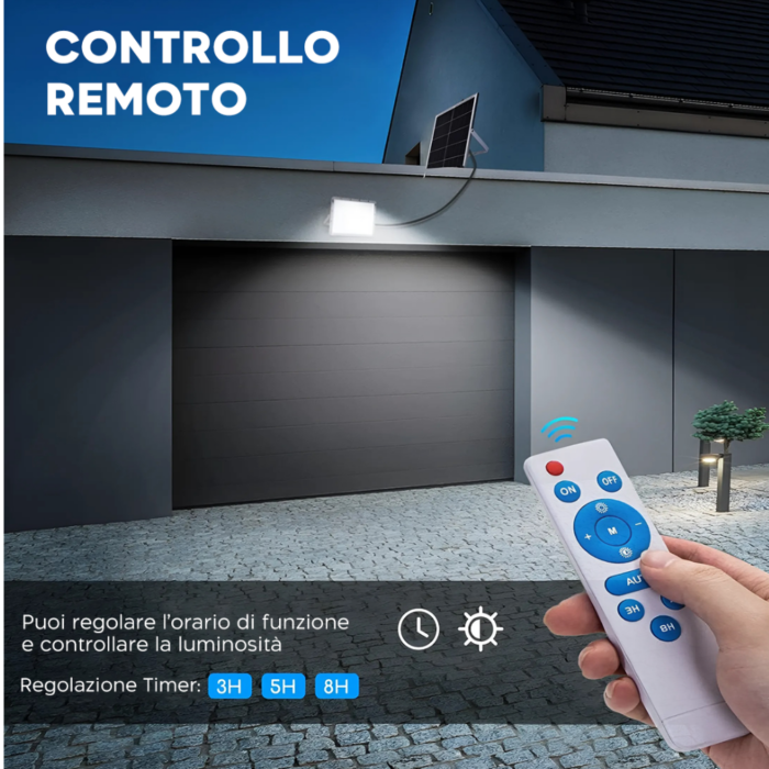 Faro Solare 100W Slim Sensore Crepuscolare IP66 per Esterni con Telecomando