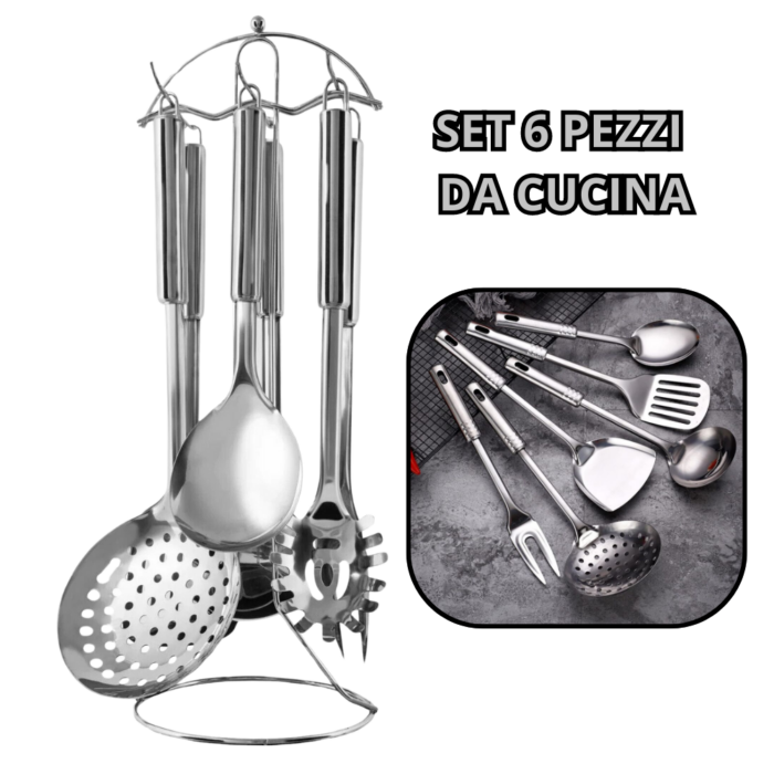 Set 6 Pezzi da Cucina Stand in Acciaio Inox Mensili Utensili per la Casa