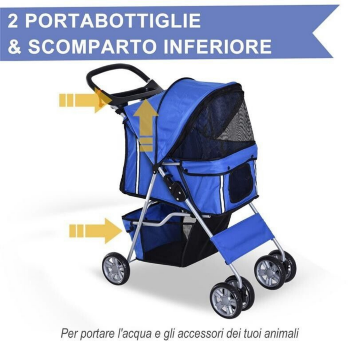 Passeggino Pieghevole per Animali con Portaoggetti e Portabottiglie 4 Ruote Cerniere Tessuto Impermeabile