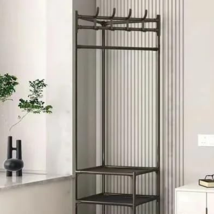 Scaffale Mobile Angolare con 2 Ripiani e Appendiabiti, in Ferro per Abiti, Borse, Cappelli, Sciarpe