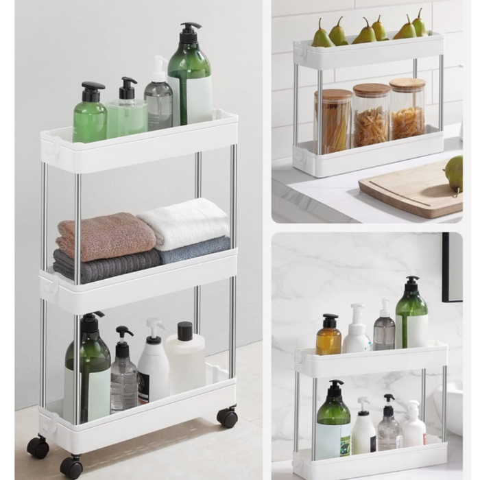 Carrello Portaoggetti 3 Ripiani con Ruote Salvaspazio, Mensole Stretto per Bagno, Cucina, Ufficio