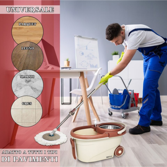 Mocio Mop con Cestello Rotante e Strizzante – Secchio Lavapavimenti Automatico con Panno Microfibra