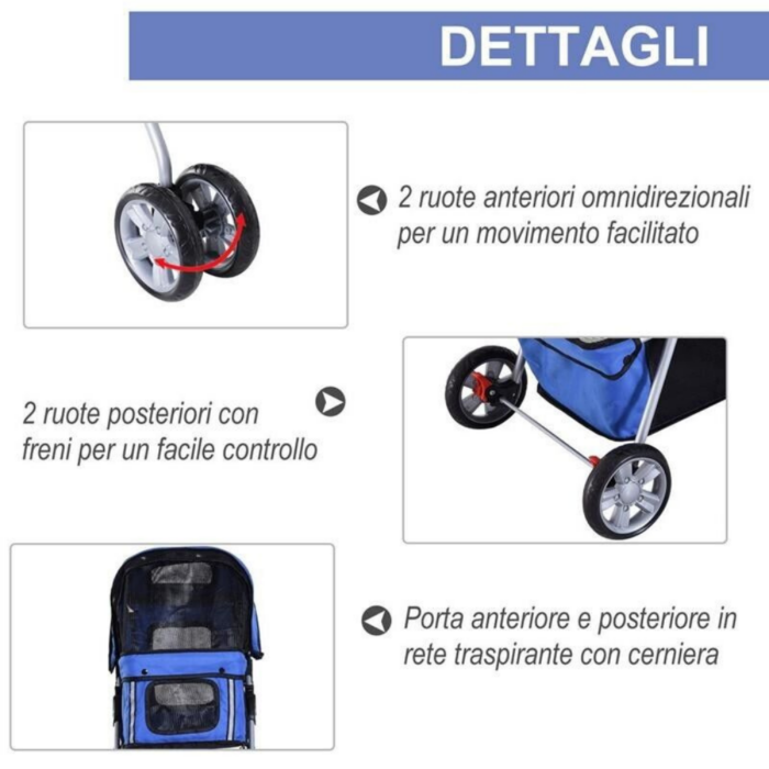 Passeggino Pieghevole per Animali con Portaoggetti e Portabottiglie 4 Ruote Cerniere Tessuto Impermeabile