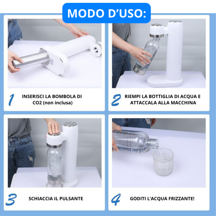 Macchina per Acqua Frizzante con Bottiglia da 1 Litro, Gasatore per Soda CO2 Portatile