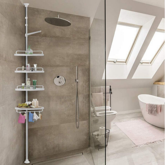 Scaffale Angolare da Bagno 4 Ripiani Telescopico Altezza Regolabile Salvaspazio, Portaoggetti