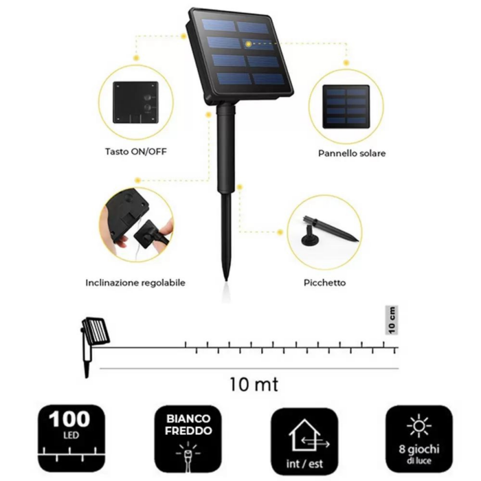 Catena Luminosa 100 LED 10m con Pannello Solare, Stringa in Filo di Rame Luce Bianca Fredda per Esterno IP65