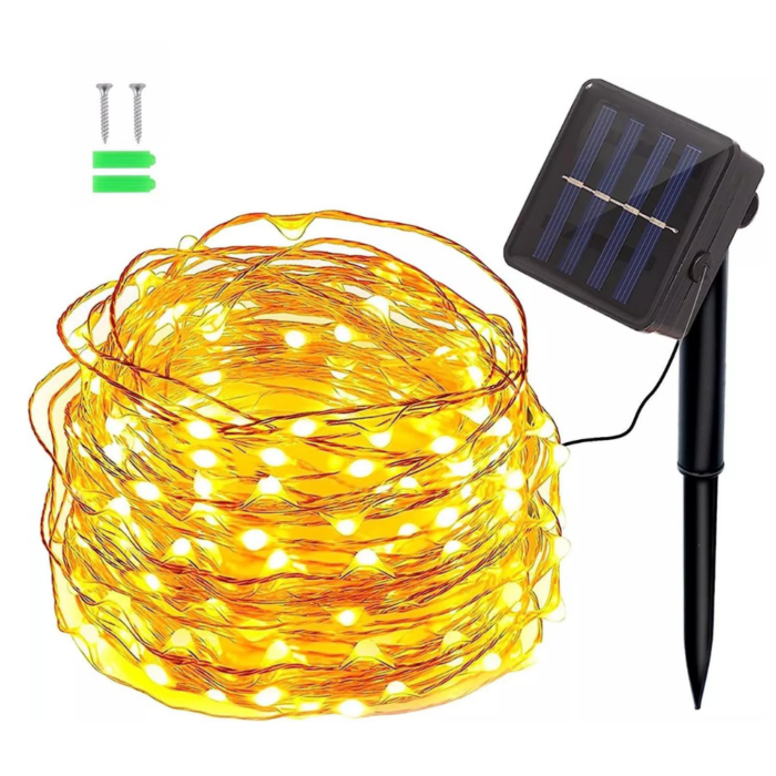 Catena Luminosa 100 LED 10m con Pannello Solare, Stringa in Filo di Rame Luce Calda Gialla per Esterno IP65