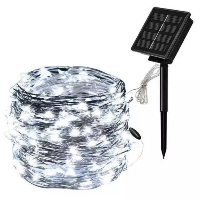 Catena Luminosa 100 LED 10m con Pannello Solare, Stringa in Filo di Rame Luce Bianca Fredda per Esterno IP65