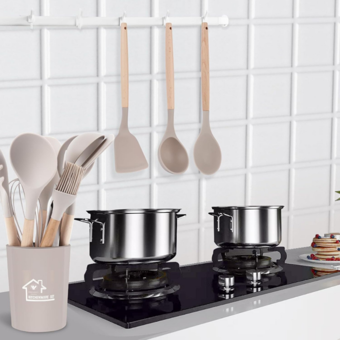 Set 11 Utensili da Cucina + Cestello in Silicone Premium, Manici in Legno, Resistenti al Calore, Antiaderenti